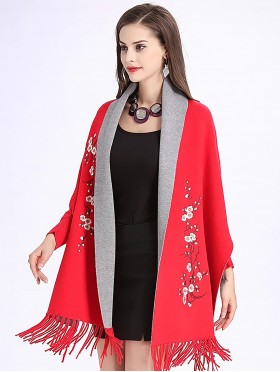 Cashmere Feeling Floral Embroidery Cape W/Sleeves Cashmere Feeling Floral Embroidery Cape W/Sleeves